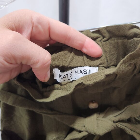 Army olive Green button down bow tie belt elastic skirt - Picture 3 of 4